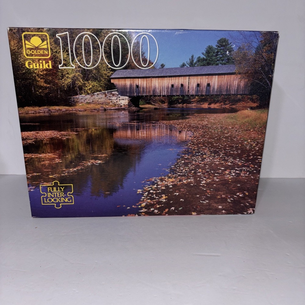 Golden Guild Hemlock Bridge 1000 Piece Jigsaw Puzzle Fall Covered Bridge SEALED
